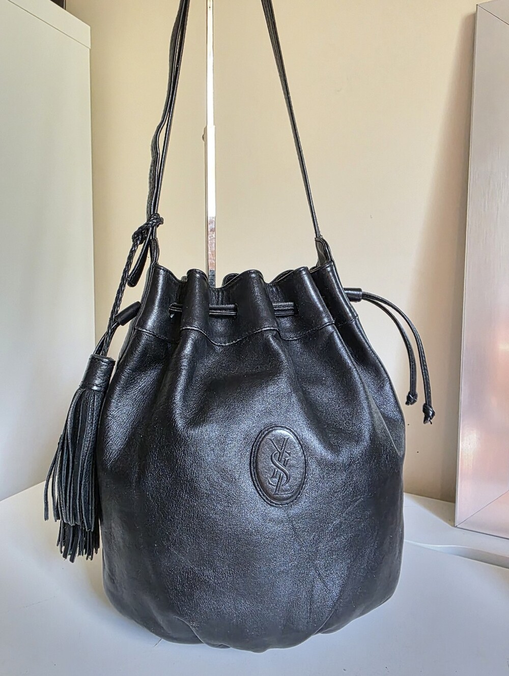 Vintage Yves Saint Laurent Black Leather Drawstring Bucket Bag